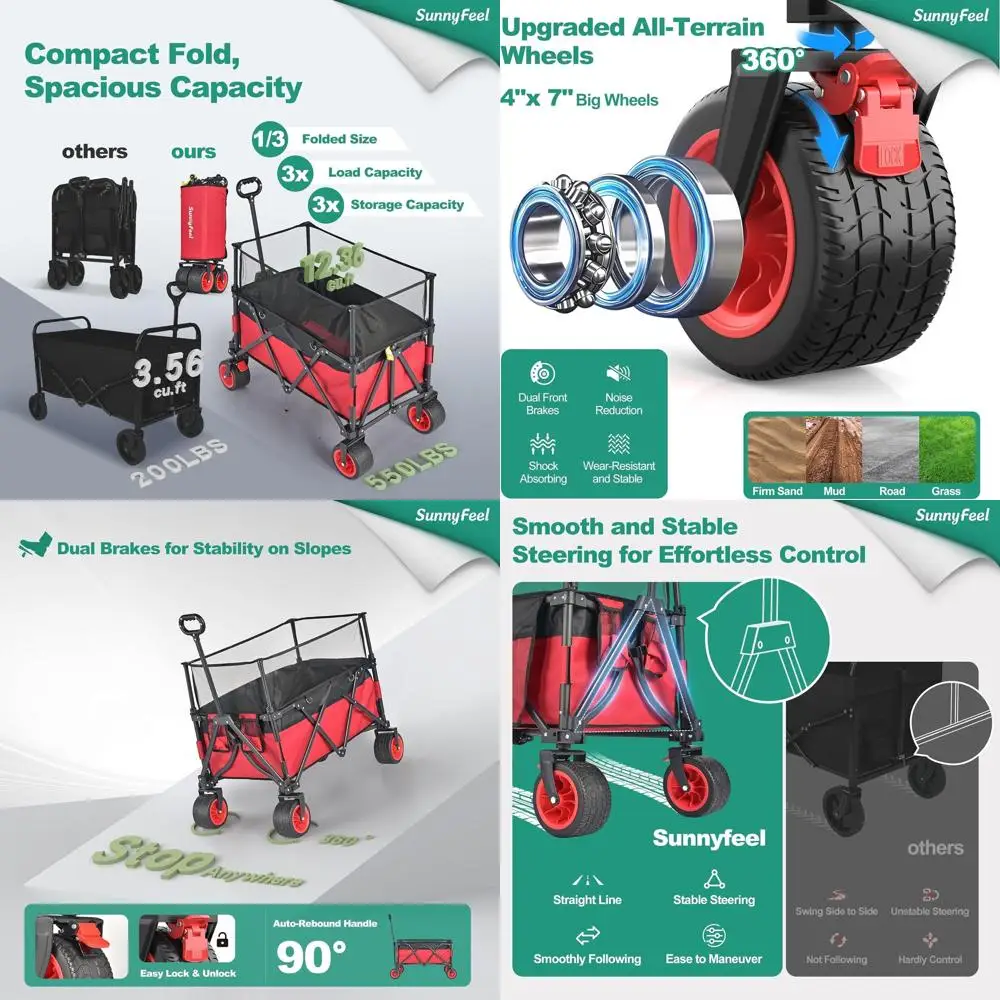 

Прочный складной универсальный кейс емкостью 500 фунтов, регулируемая ручка, складной для пляжа, покупок, садоводства, кемпинга (красный,