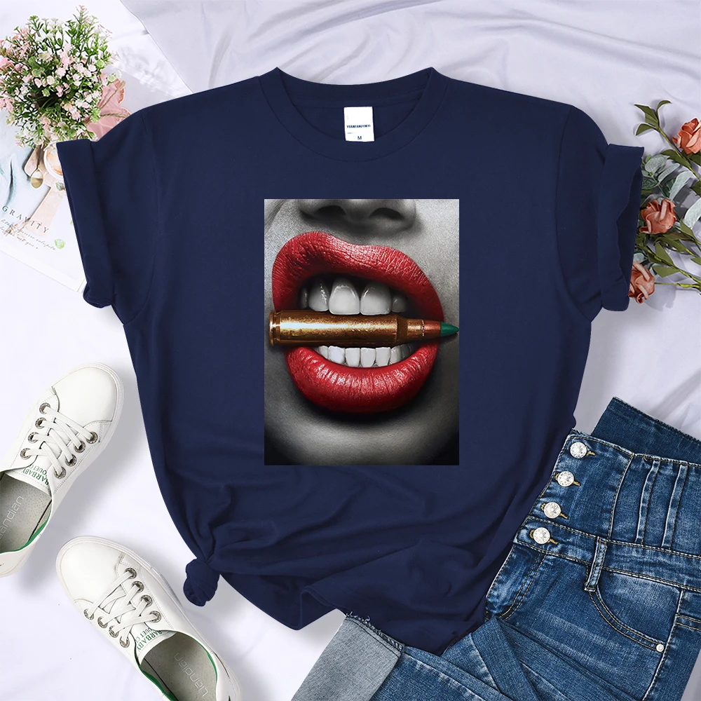 Cool Red Lips Metal Bullets Y2K Women'S T-Shirt Breathable Casual T Shirts Soft Cool Street Tee Shirt Summer Hip Hop Crop Top