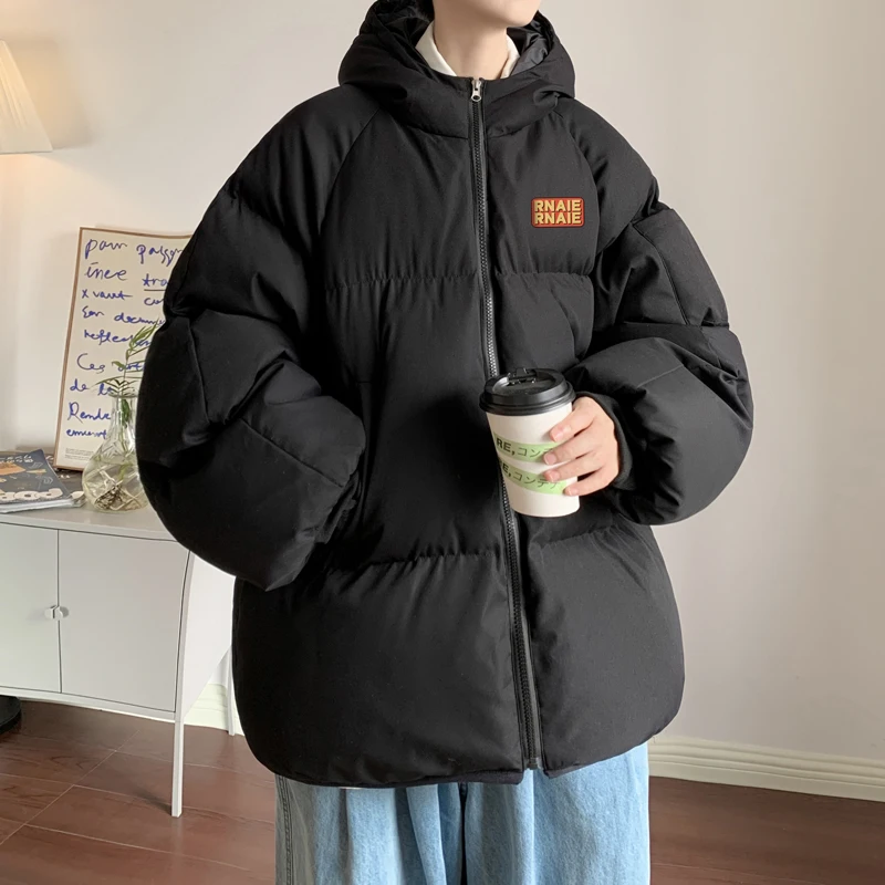 

Men's Winter Thiened Warm down Cotton Jaet Bread Sle Faionable Youth Casual Zipper Hooded Coat Regular Length Pure Color