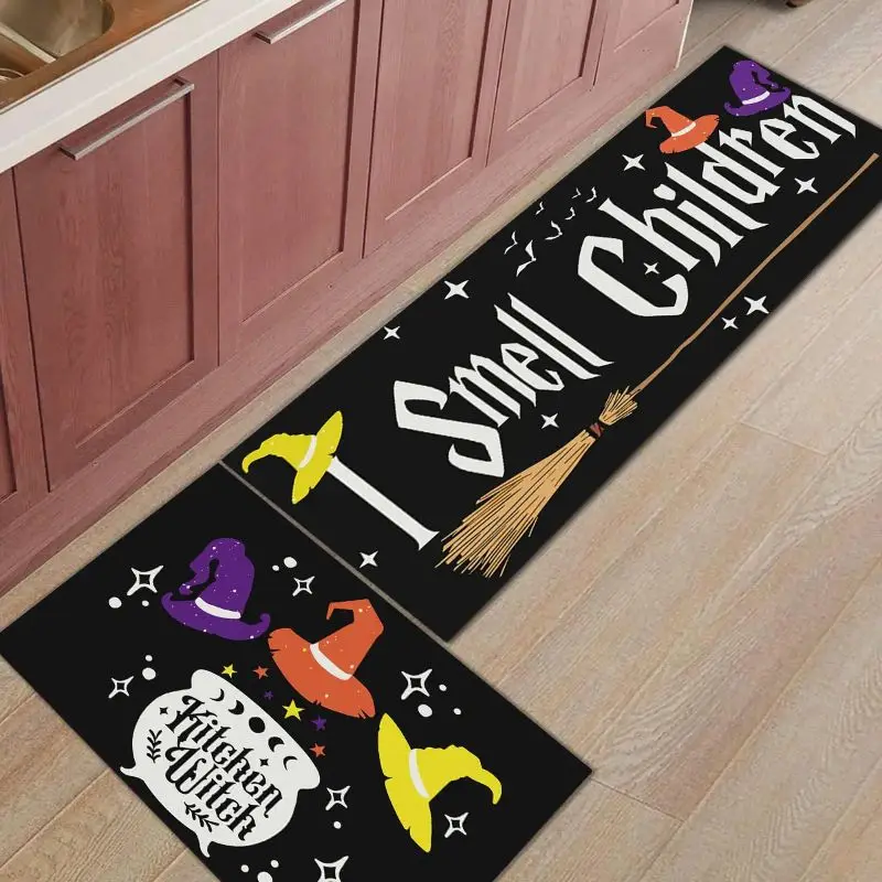 VIKAMA Halloween Kitchen Rugs Set Non‑Slip Washable Floor Mat Witch Hat Holiday Decor Carpet for Kitchen Indoor Home Party