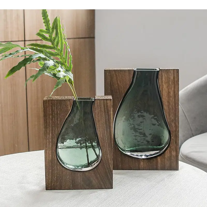 

Wood Glass Inlay Vase Hydroponic Flower Pots Desk Decoration Artificial Decorative Floral Arrangement Light Green Vases