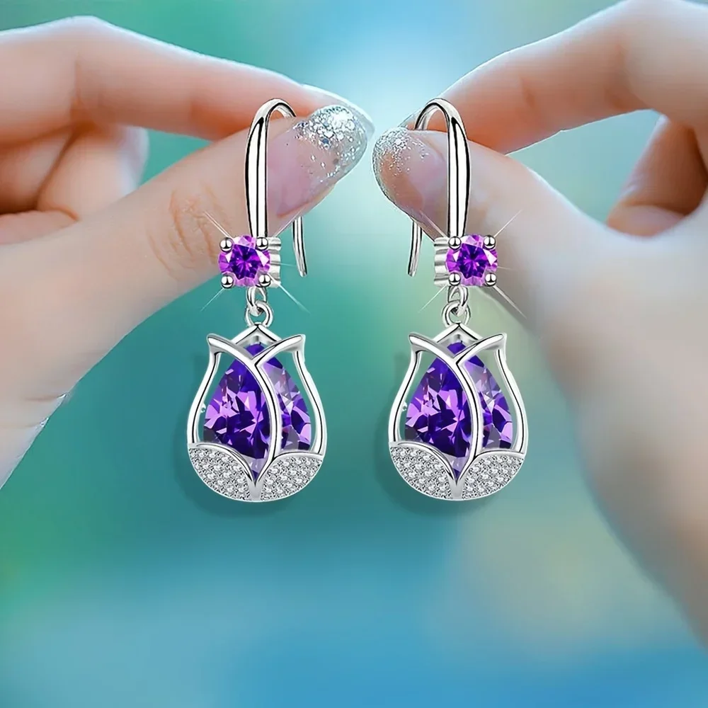 FashionElegant Tulip-Shaped Drop Earrings With Sparkling Artificial Crystal Inlay,Retro Jewelry In Assorted Colors,Ideal ForCasu