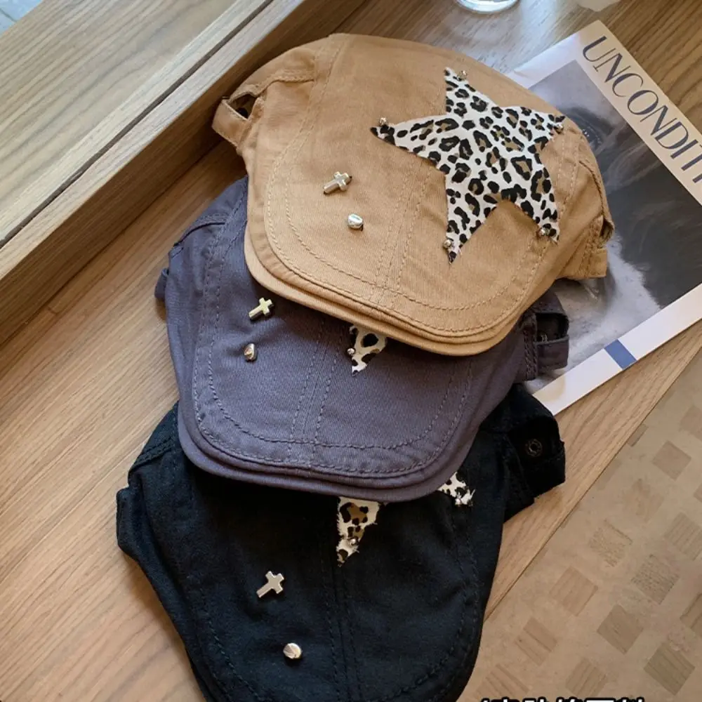 Casual Leopard Print Star Leopard Beret Y2K Korean Style Painter Hat British Cotton Peaked Cap Outdoor