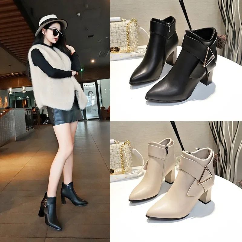 Women\'s Sexy Heels 2024 Autumn Winter Platform Buckle Pointed Ankle Boots Fashion High Quality Designer Women\'s Boot Botas Mujer