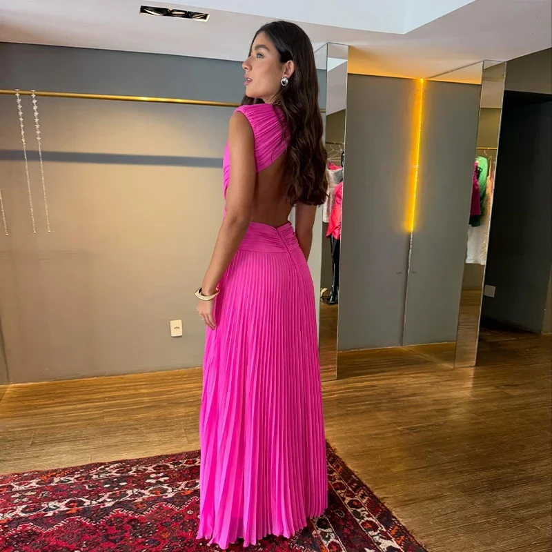 Elegantes plissiertes Damen-Maxikleid mit hohlem Rückenausschnitt, ärmellos, O-Ausschnitt, für Party und Urlaub, A-Linien-Kleider für Damen, Sommer 2026 Roben – Detail 10