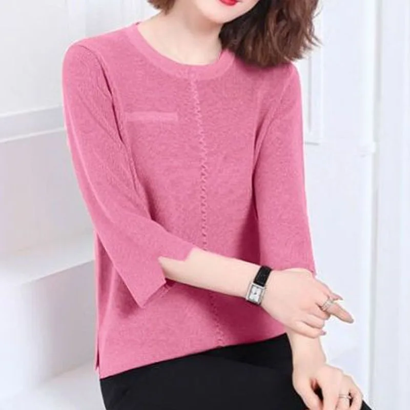 Office Lady Solid Color Fashionable Short Knitted T-shirt Summer Elegant Simplicity 3/4 Sleeve Round Neck Tops Women\'s Clothing