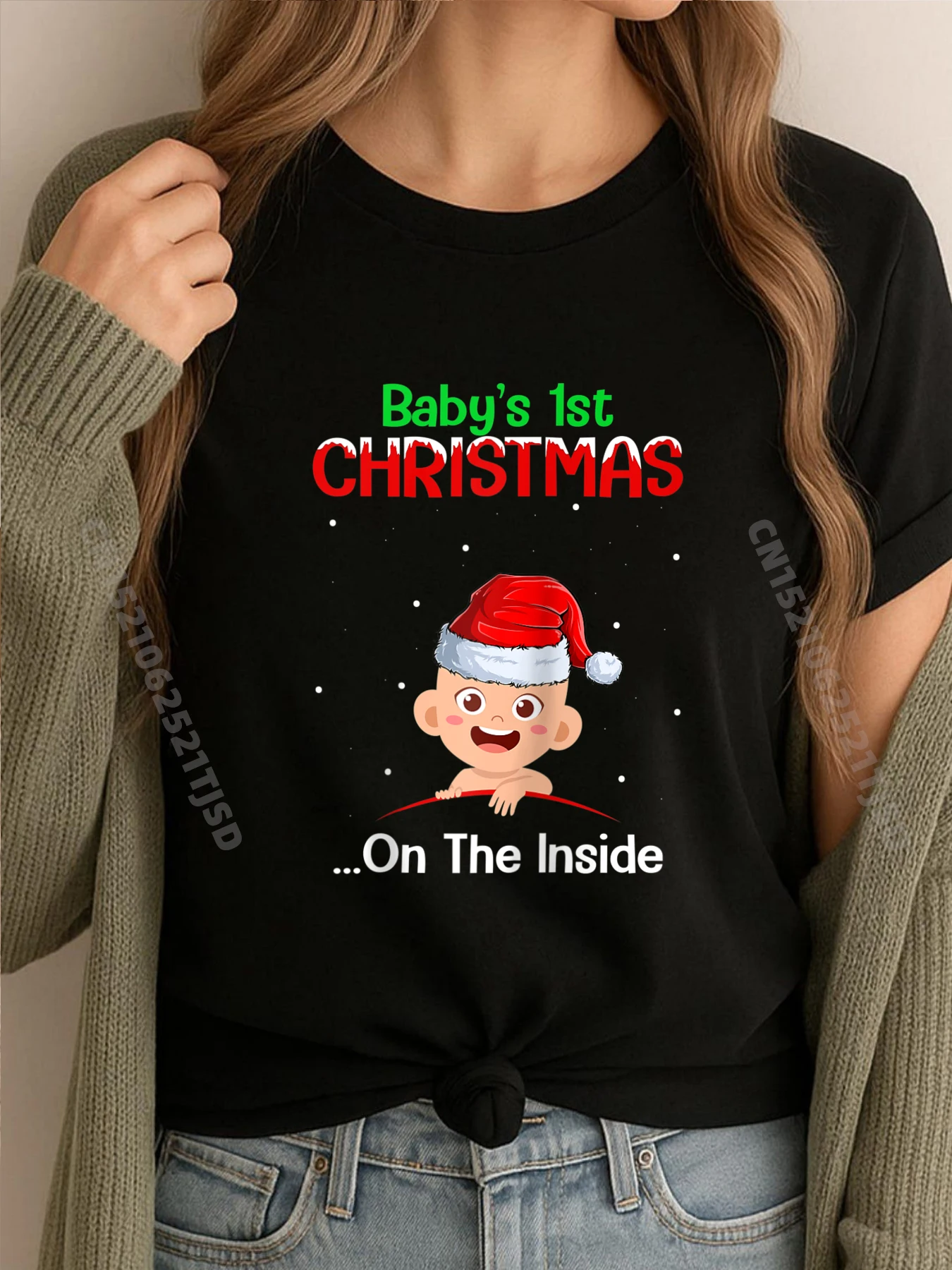 

Baby 1st Christmas On The Inside Объявление о беременности реглан винтажные футболки футболка женская стираная большая и высокая Хэллоуин