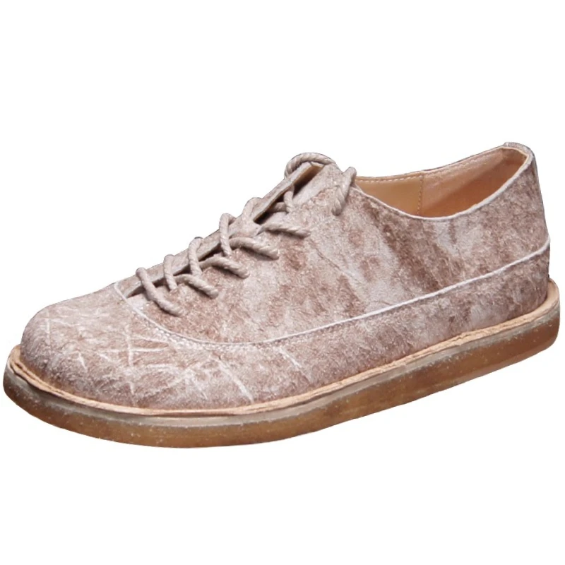 Genuine Leather Retro Boken Shoes for Men's Women's Casual Flat Bottomed Soft Soled Gray Round Toe Shoes Cigarette Rubber Sole