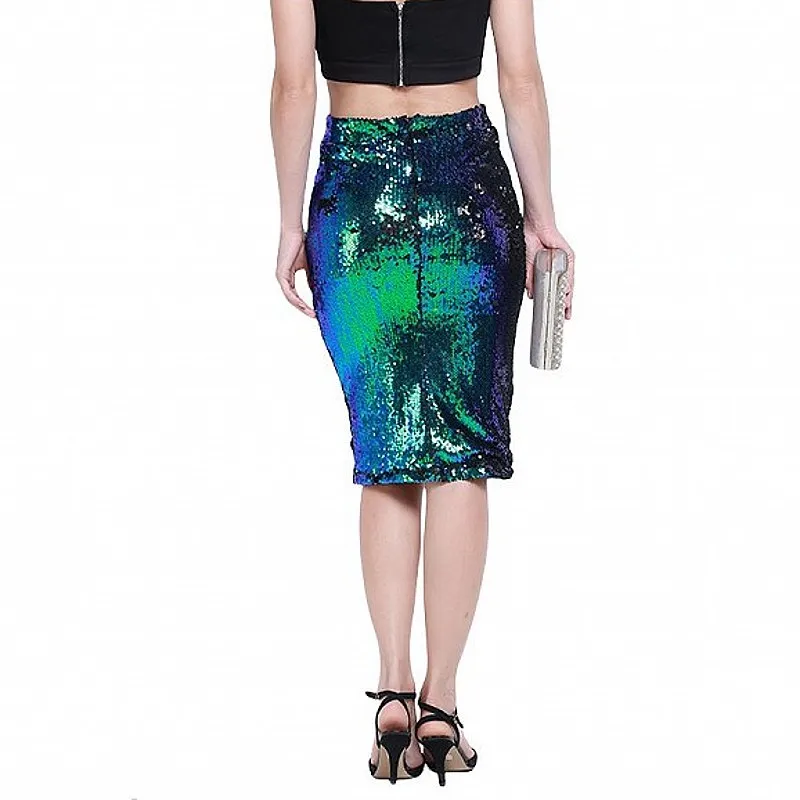 High quality Ladys Shiny Peacock Blue Sequins Pencil Skirts High Waist Slim Package Hip Slim Office Formal Skirts