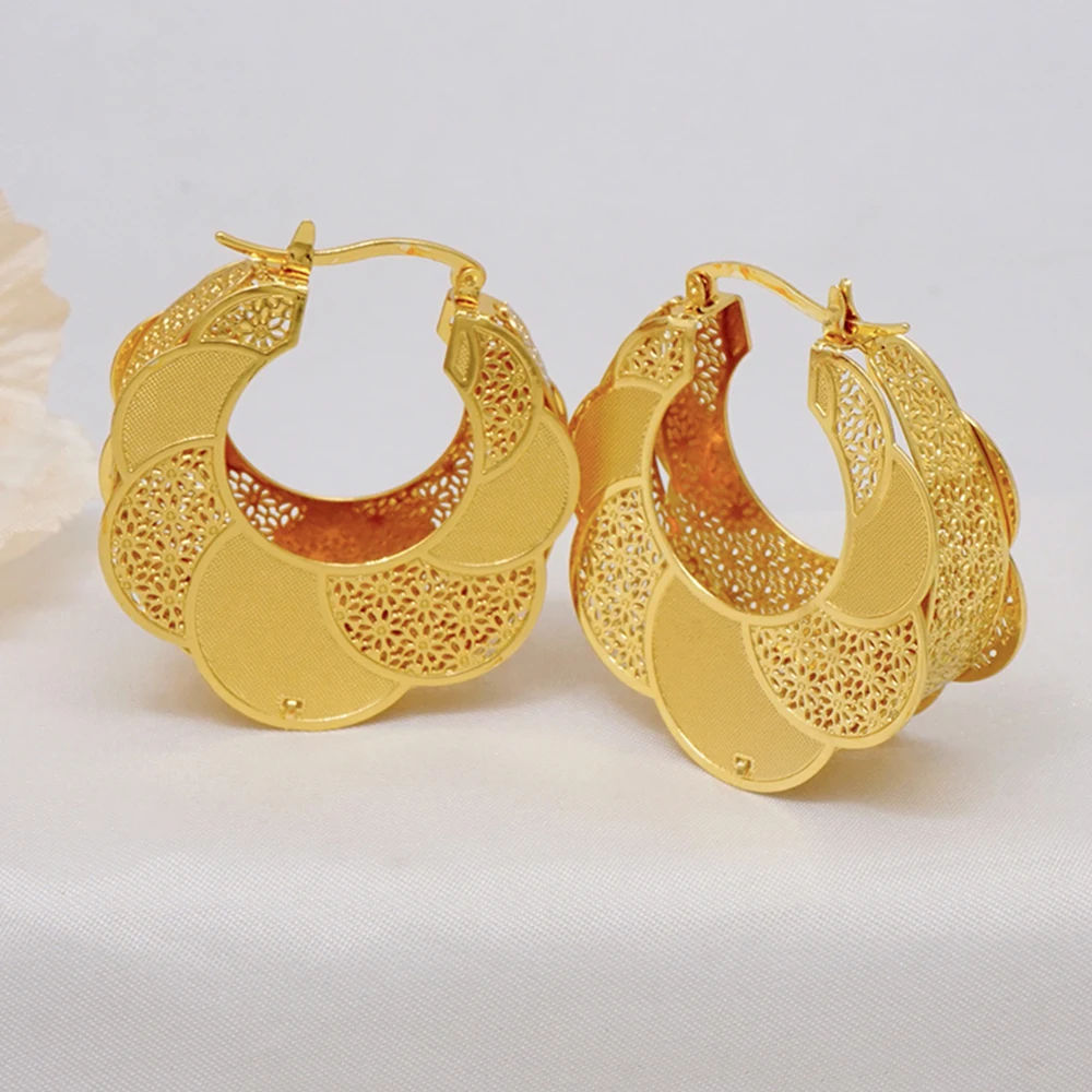 Luxury Dubai Gold Color Flower Hollow Out Hoop Earrings For Women Copper Drop Earring Jewelry Anniversary Gifts Daily Wear