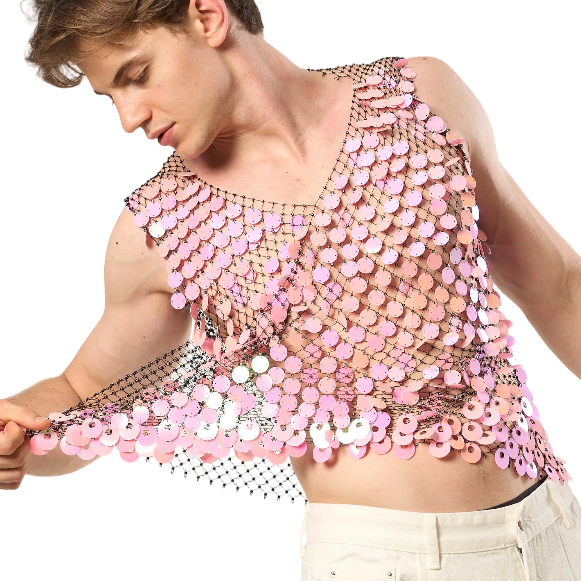 Men's See Through Hollow Out Sleeveless T-shirts Shiny Big Sequin Vest Rave Party Performance Stage Nightclub Costumes Tank Tops