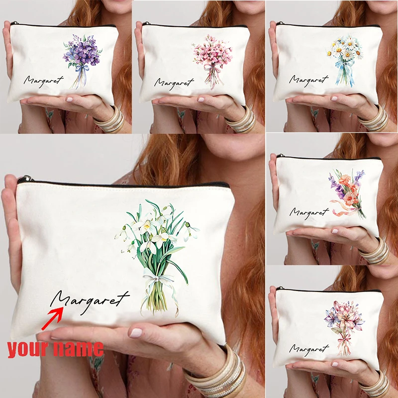 Birth Month Flower Bouquet Personalized Makeup Bag Cosmetic Bag Birthday Gift Bachelorette Bridesmaid Gift Wedding Gift for Her