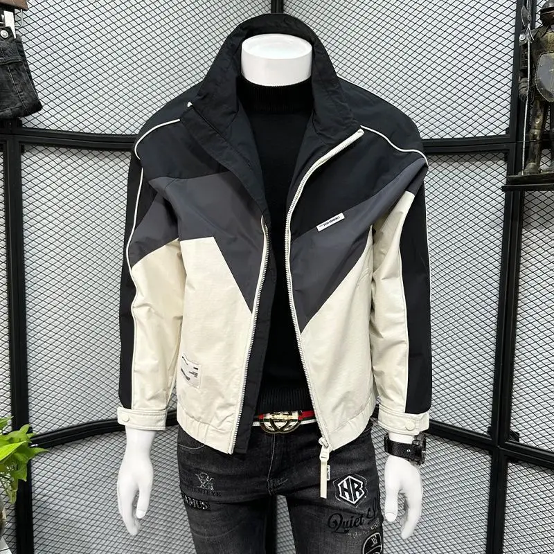 Color matching stand-up collar jacket men's spring and autumn new casual zipper versatile trend slim contrasting coat
