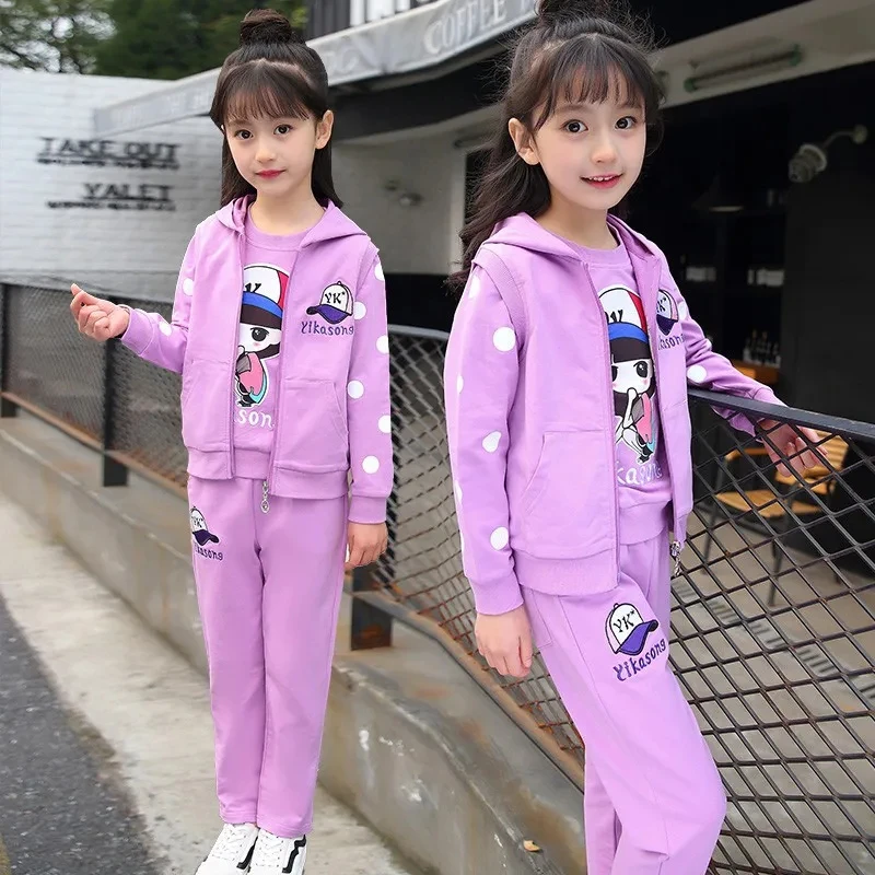 Spring Fall Girls 3 Piece Set Kids Hooded Vests Outfit + Dot Cartoon Print Sweatshirts Tops + Casual Pants Children Conjuntos