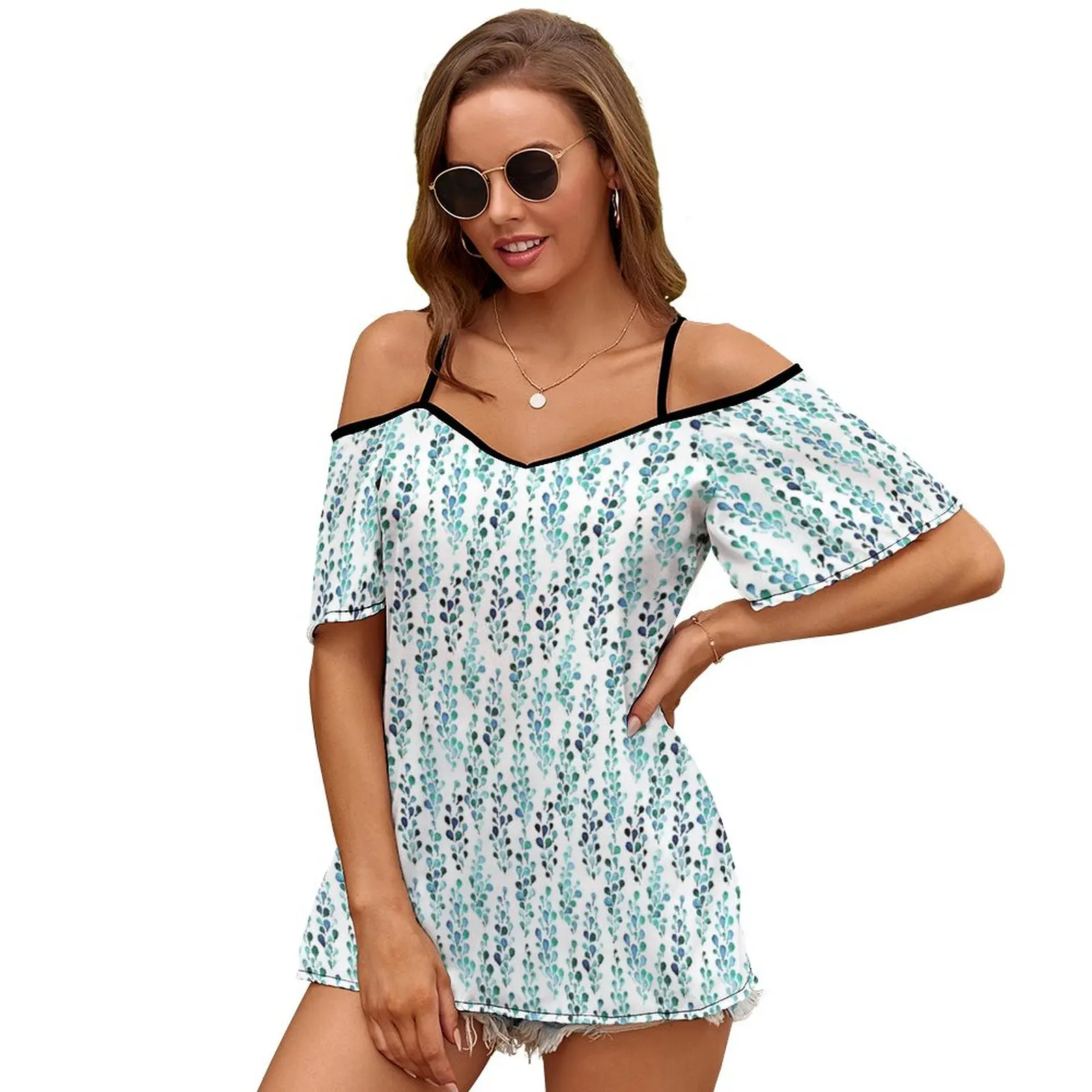 Turquoise Foliage Slit Sleeve Cold Shoulder Print Women T Shirt Casual Summer Tee Tshirt Loose Top Turquoise Foliage Waves