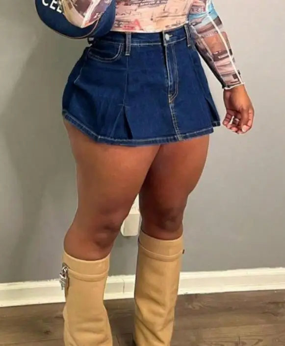 Neuer modischer, einfarbiger, vielseitiger, sexy, heißer, enger, plissierter Mini-Jeansrock für Damen