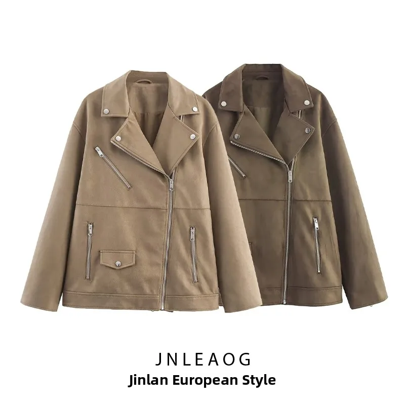 Fashionable Biker Jacket Outerwear Women's Autumn New Style Deer Hide Imitation Leather Warm Long Sleeve Pure Color Polyester