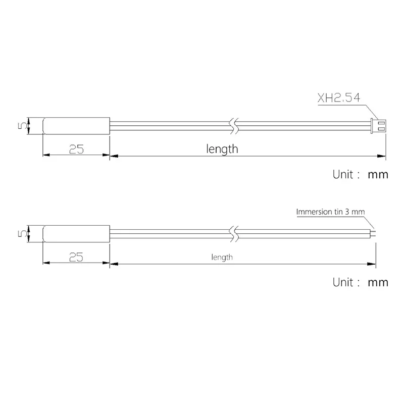 10pcs Temperature Sensor 5X25MM Waterproof Temperature Probe 10K 5K 50K 100K B3950 Long10CM Tin XH2.54 Pulg NTC Thermistor