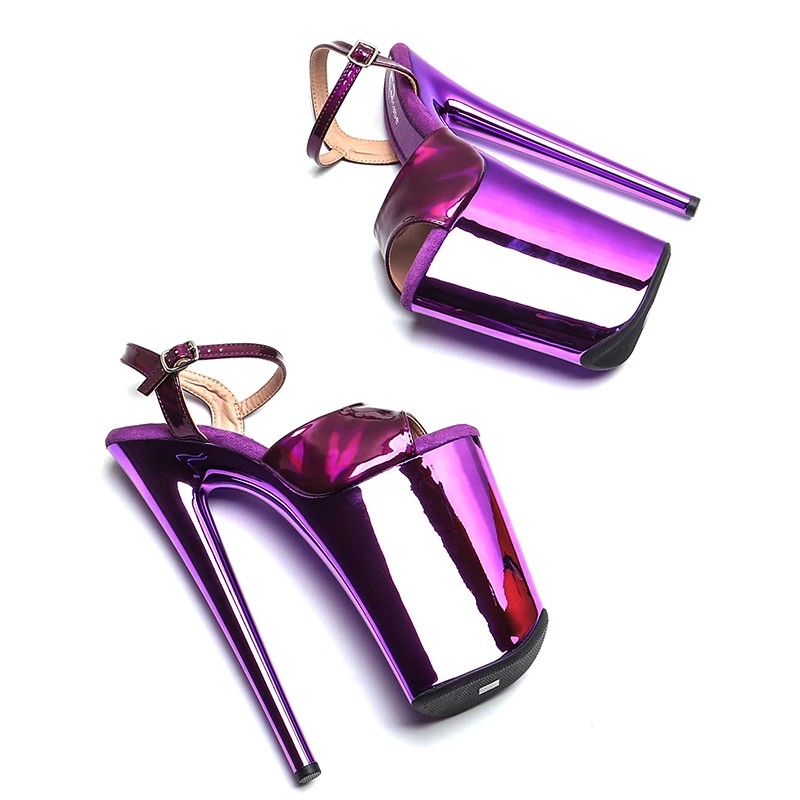 Leecabe 23CM/9inches Shiny  PU   upper fashion trend exotic  electroplate Platform High Heels Sandals Pole Dance shoes