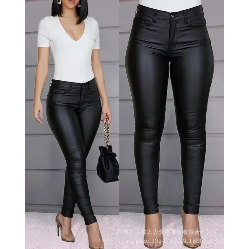 

Women PU Leather Pants Elegant Fashion Punk Motor High Waist Zipper Skinny Pencil Trousers Y2K Chic Clothes Streetwear