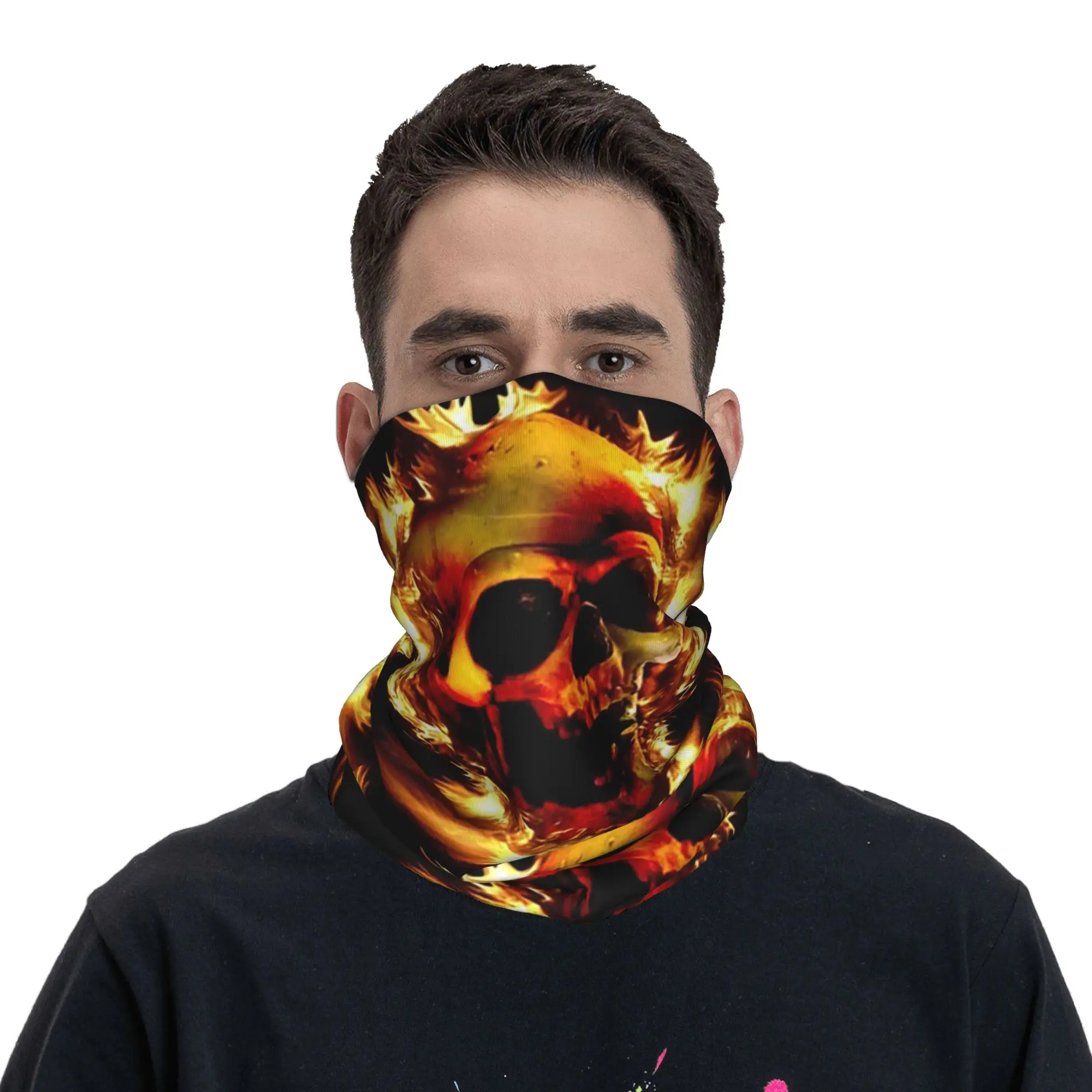 Flaming Fire Skull Bandana Neck Cover Printed Wrap Mask Scarf Headband Hiking Fishing Unisex Adult Winter