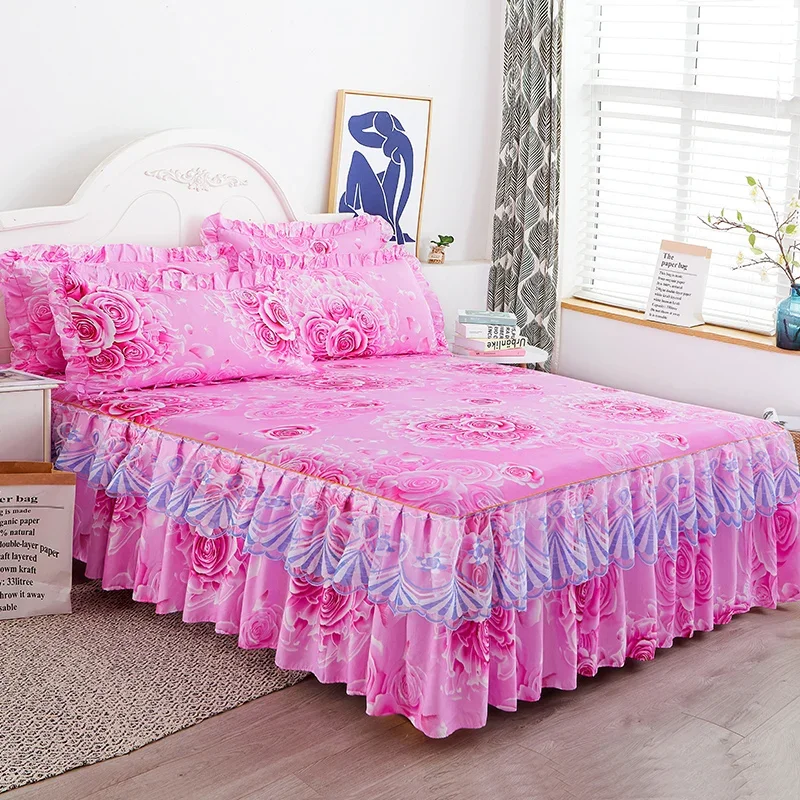 Romantic Pink Rose Floral Bed Skirt Wrap Around Bedding Skirt Gathered Dust Ruffle Bedskirt Set with 2 Matching Pillow Covers