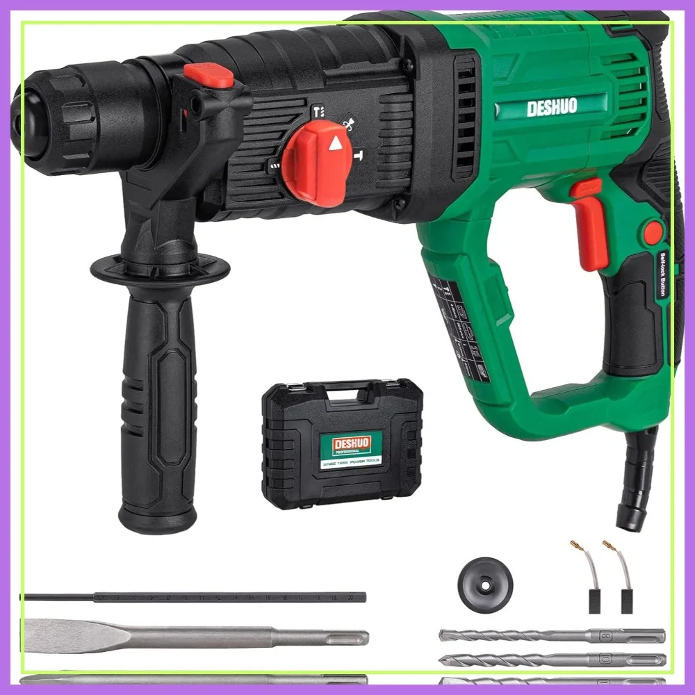 

1" SDS-Plus Lightweight Rotary Hammer, 9A 4-Mode Variable Speed with Safety Clutch for Concrete, 3 Bits & 2 Chisels, Case