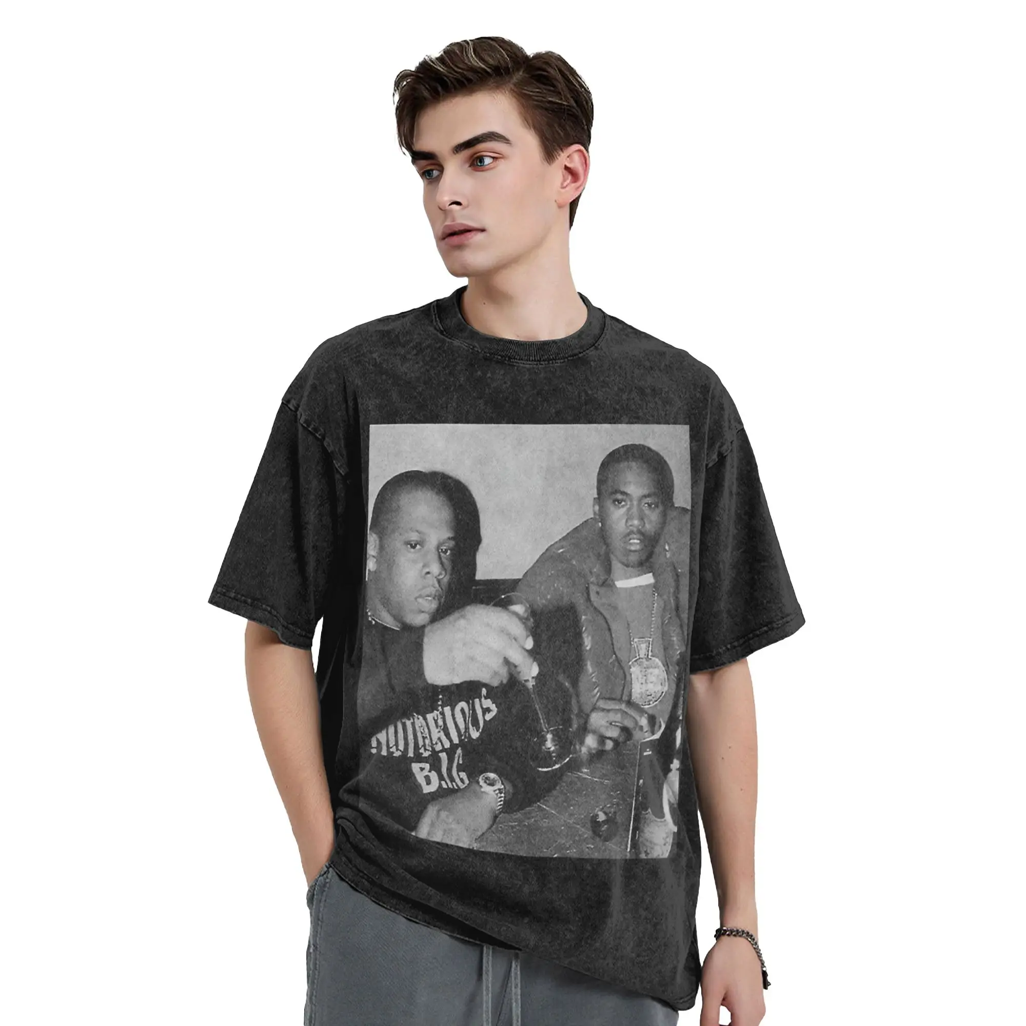 Washed T Shirt Jay Z And Nas Hip Hop Novelty T-Shirts Oversize  Streetwear 100% Cotton Graphic Printed Tops Tee Shirt Men Women