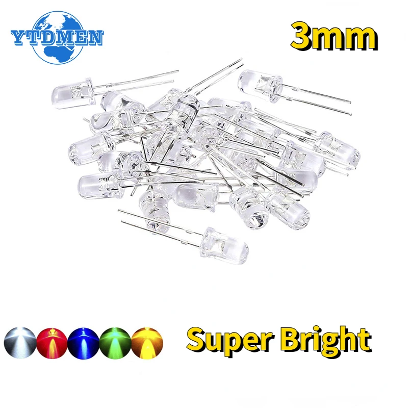 100PCS Super Bright LED Diode 3mm Multicolor F3 Transparent Light Emitting Diodes Kit White/Red/Yellow/Green/Blue