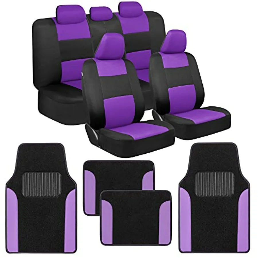 

PolyPro Purple Car Seat Covers Full Set with 4-Piece Car Floor Mats - Two-Tone Fits Most Cars with Carpet Floor Mats Seat Prote