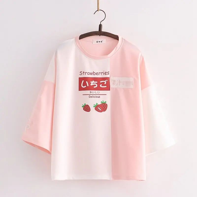 Harajuku Strawberry Juice Graphic Print Women\'s T-shirt 2024 Summer Patchwork Color Cute Tshirt Pink Top School Girls Tee Shirts