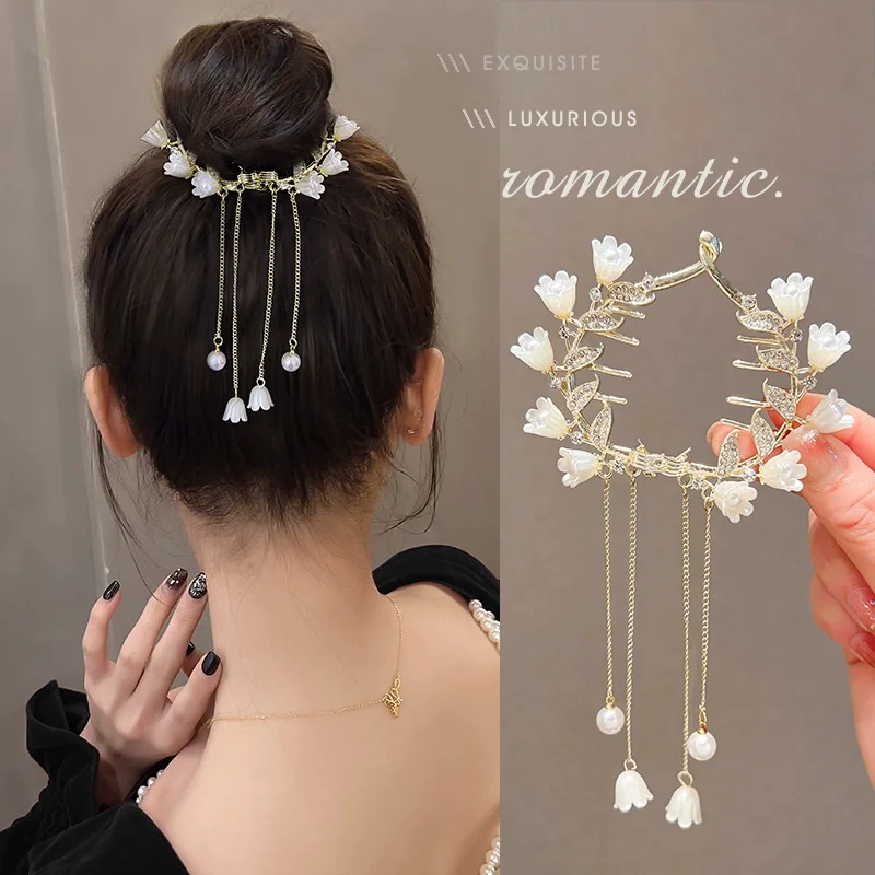 

Female Alloy Flower Tassels Pearls Hair Clip Women's High Ponytail Hair ClawLady Exquisite Hair Accessories 2025 New Headwear