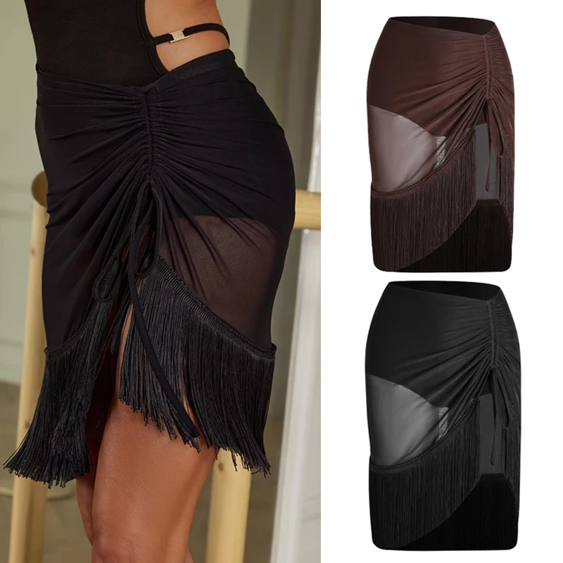 New Latin Dance Skirt Women Drawstring Tassel Skirt Adult Practice Clothing Cha Cha Rumba Dance Training Performance Wear V19086