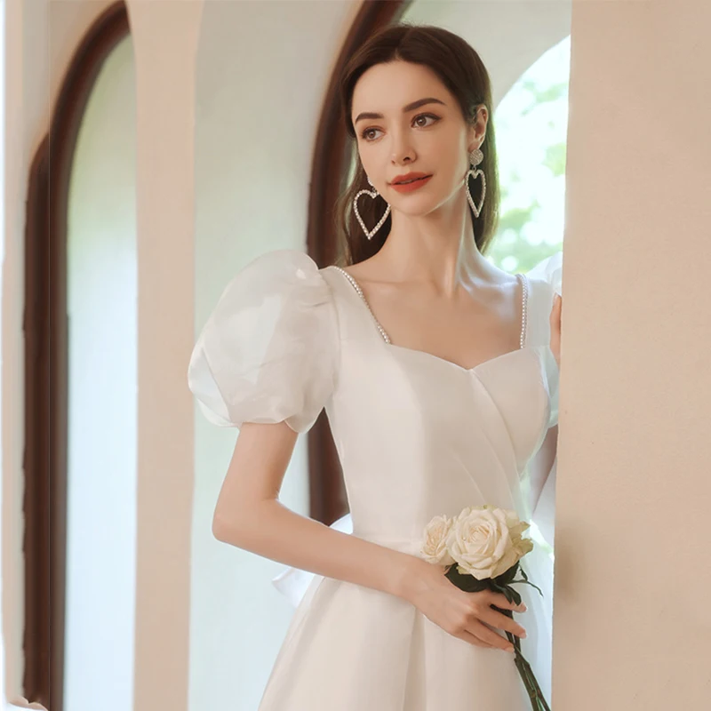 French Luxury White Satin Maxi Wedding Dresses for Bride 2023 Elegant Sexy Slim Puff Sleeve Long Prom Party Dress Women vestidos