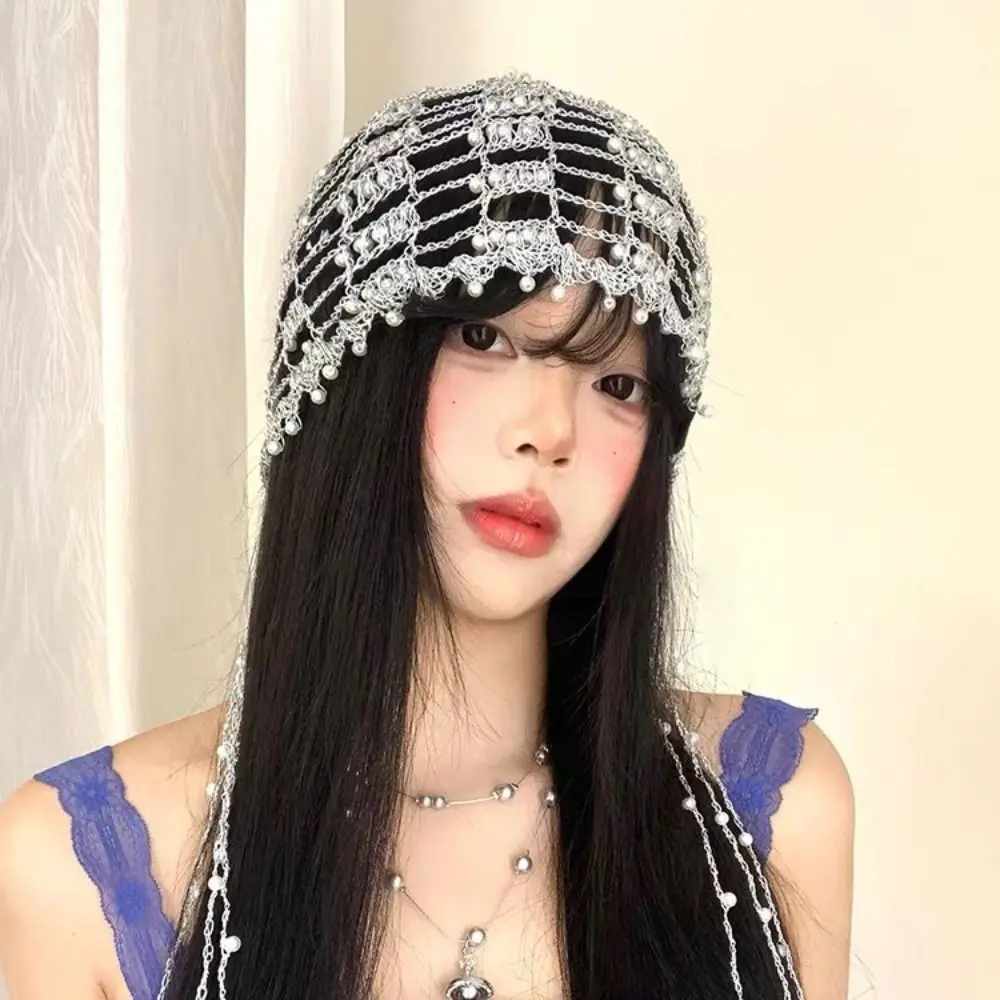 Stylish Handmade Beaded Hat Pearl Beaded Metal Chain Hollow out Slouch Cap Openwork Tassel Chain Pullover Hat Party