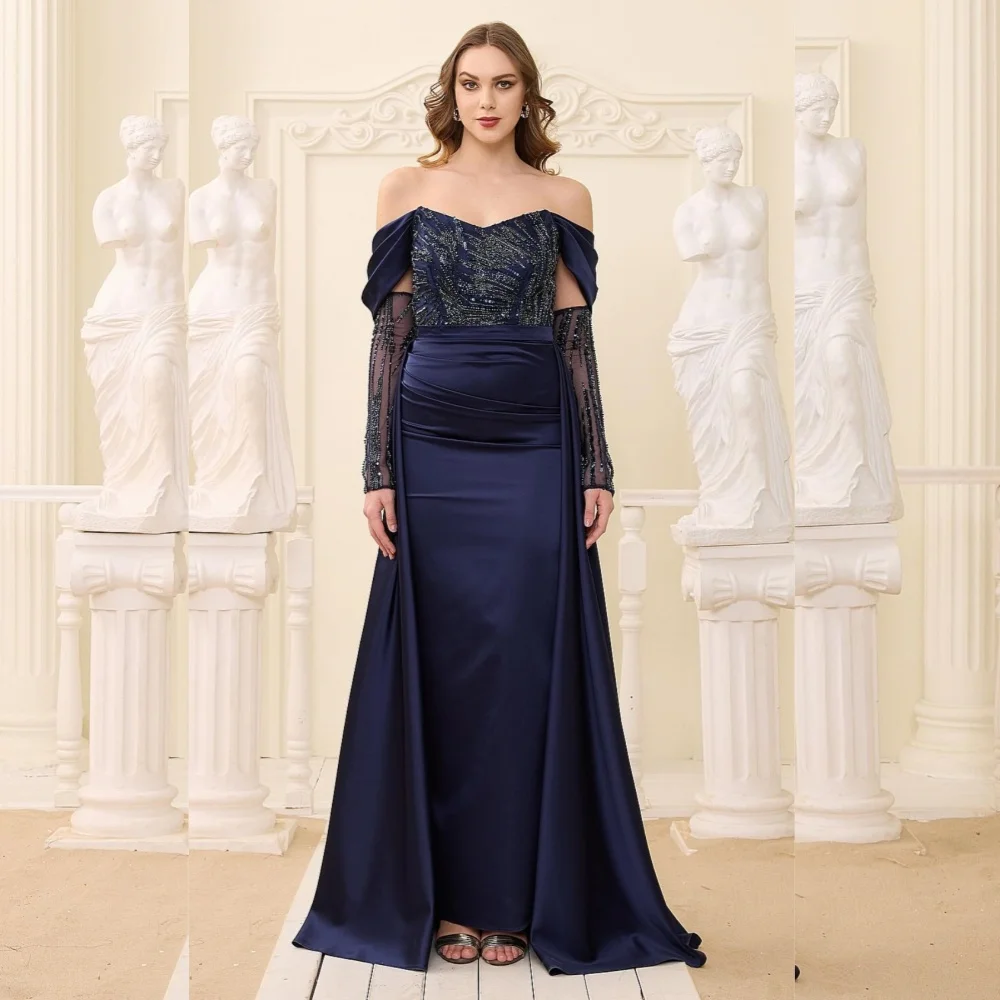 

Customized High Quality Charmeuse Sequined Pleat Straight Off-the-shoulder Long Dresses Bespoke Occasion Sexy
