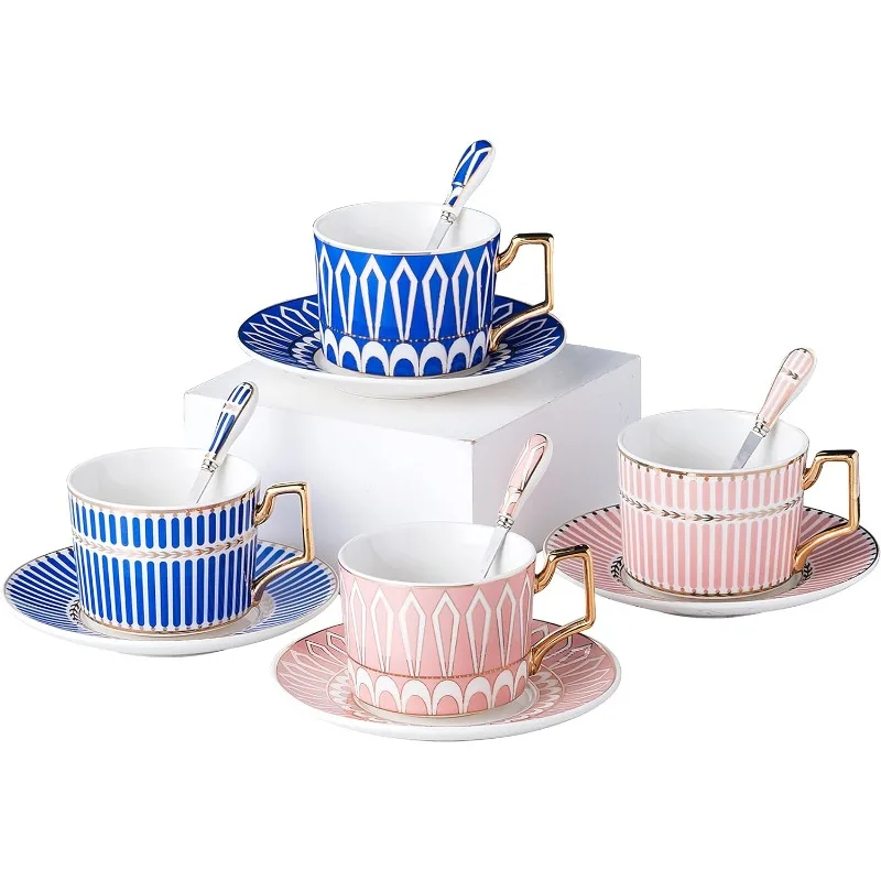 

Set of 4 Elegant Modern Blue And Pink 7.4 oz Teacups and Saucers Set-Coffee Cup with Sauce and spoons ( 12 Piece Set )