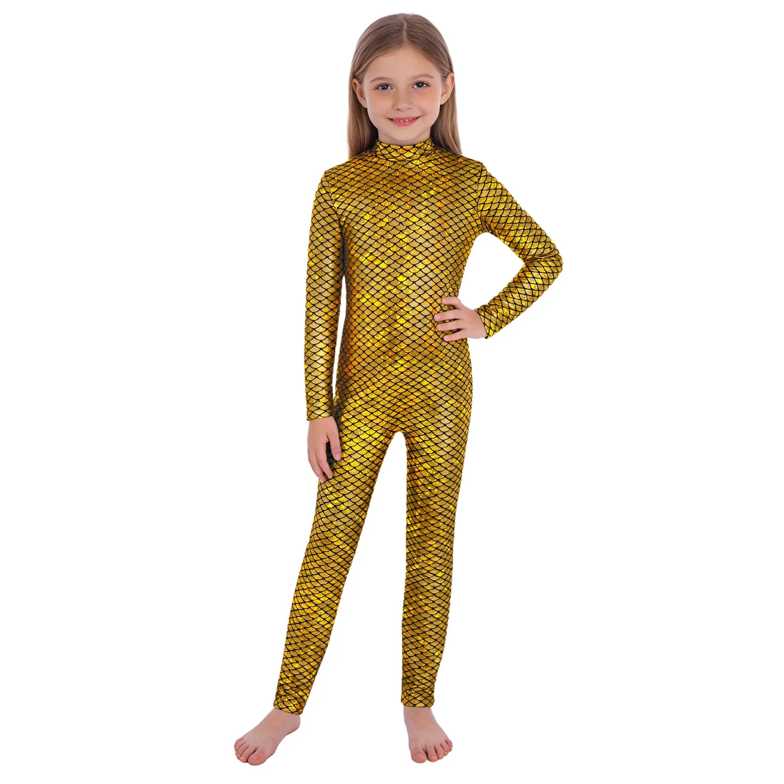 Kids Girls Metallic Fish Scales Jumpsuit Full Length Leotard Children Long Sleeve Gymnastics Bodysuit Dance Performance Costumes