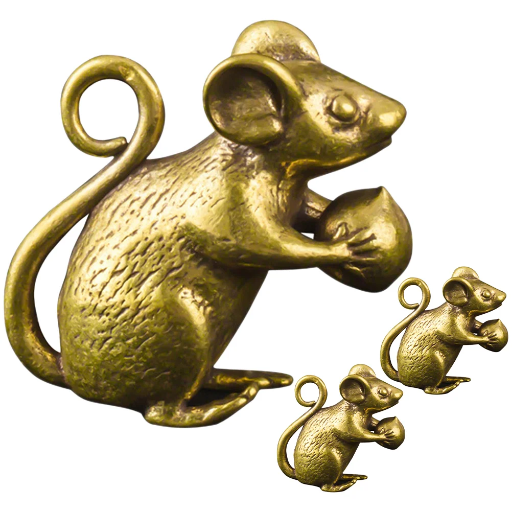 3 Pcs Miniature Brass Mouse Keychain Animal Tabletop Rats Adornment Retro Decoration