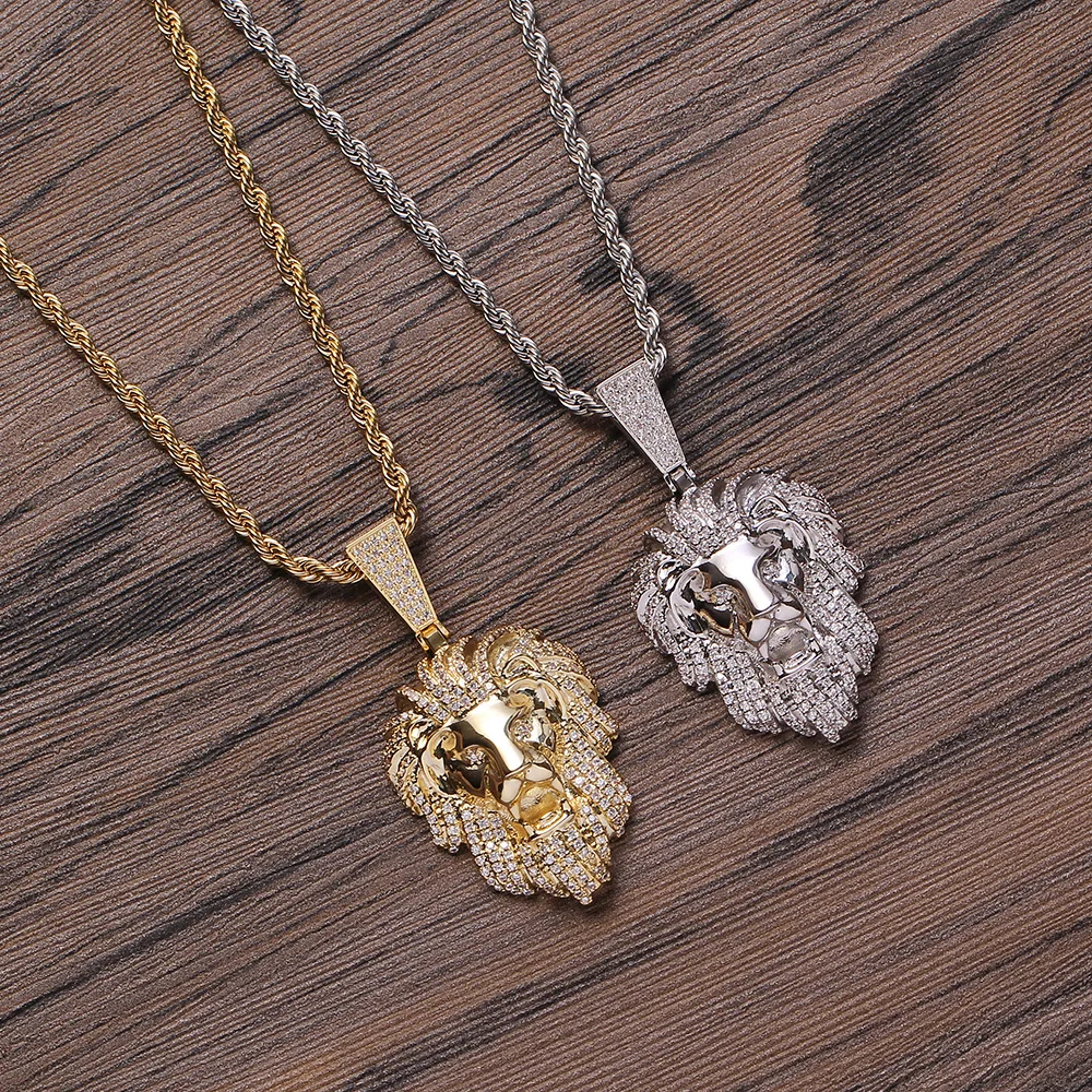 

Стильное доминантное мужское европейское и американское ожерелье в стиле хип-хоп, медь, инкрустированный цирконом, жестокий длинношерстный кулон в виде головы льва, аксессуар