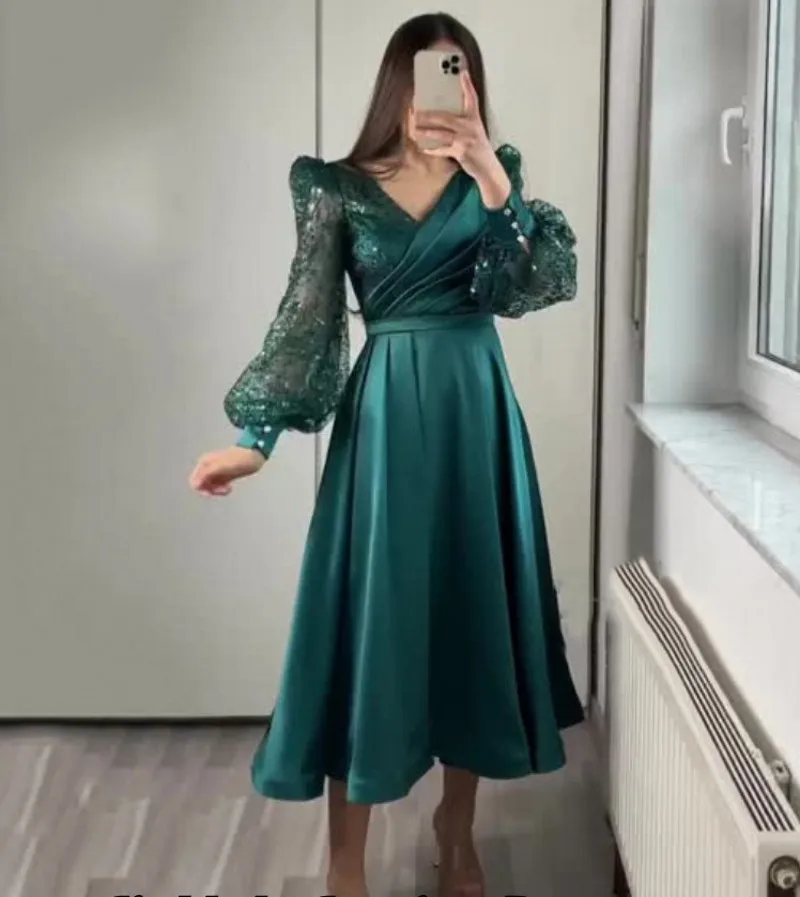 

Green Tea Length Glitter Evening Dress For Wedding Party 2023 Long Puff Sleeve Dubai Women Formal Prom Gowns Robe De Soiree