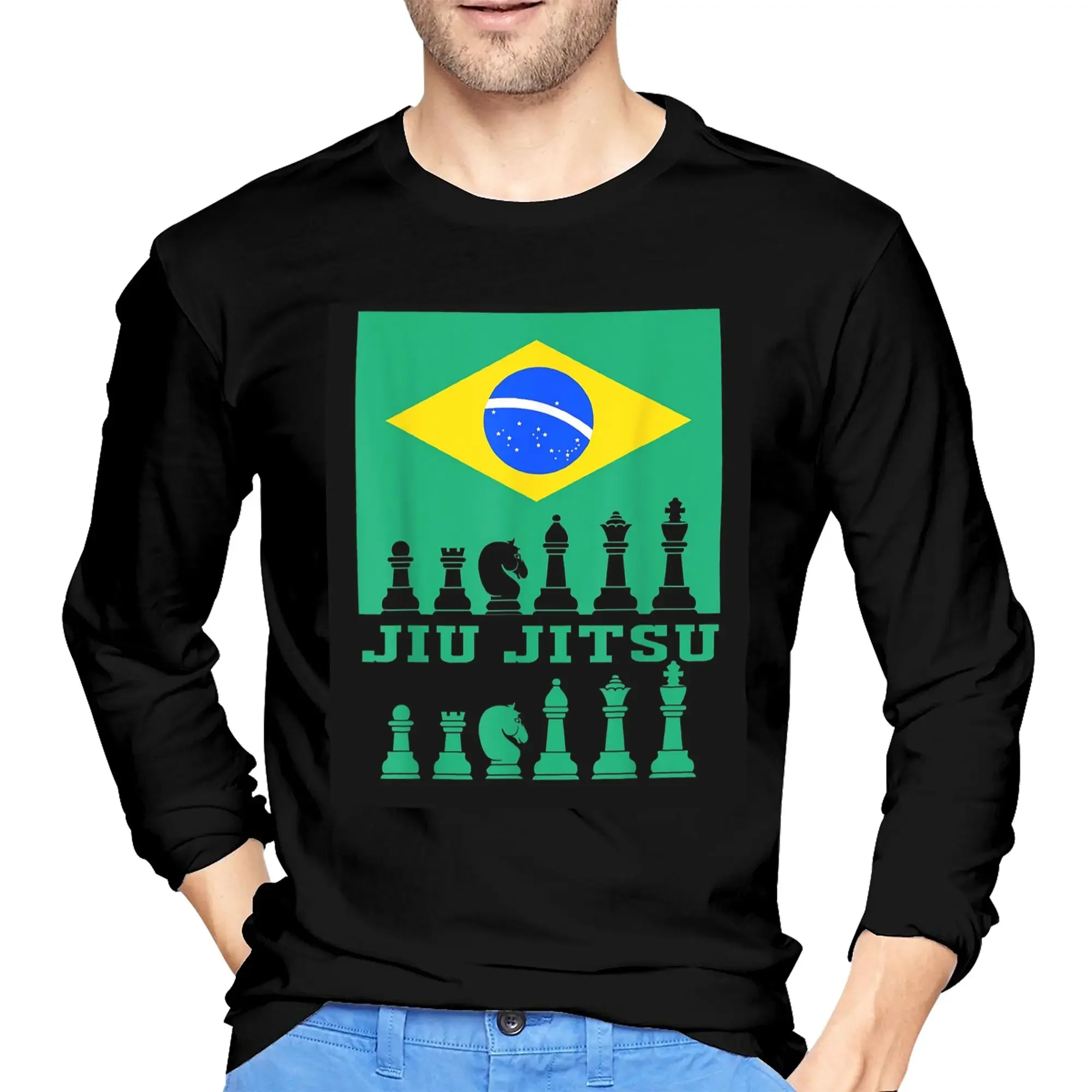 

Brazilian Jiu Jitsu Flag Jiu Jitsu Chess Men's Long Sleeved T-shirt Casual Round Neck T shirts Spring and Autumn Men tops