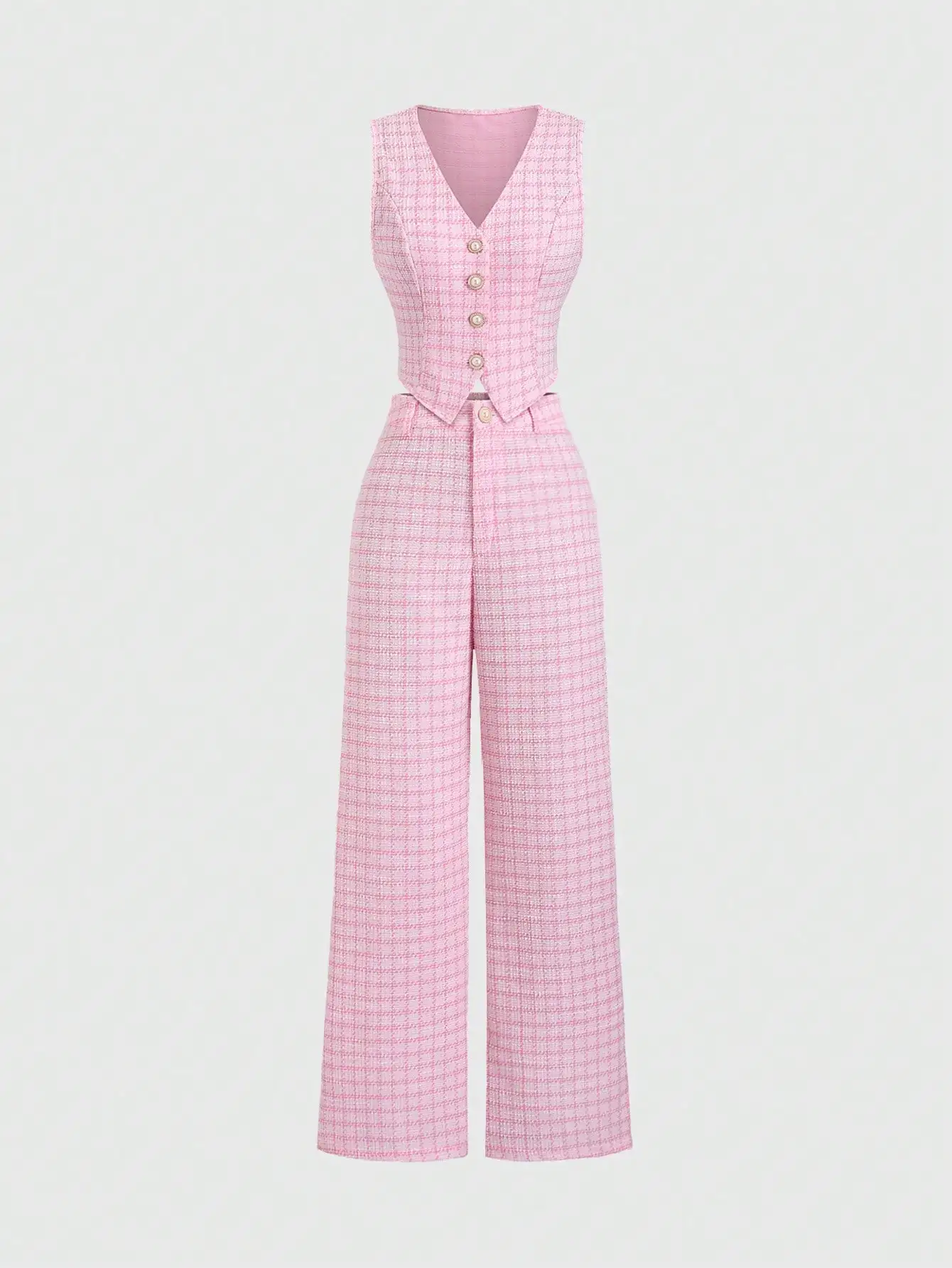 

Розовый твидовый комплект: жилет без рукавов и брюки с широкими штанинами для женщин, элегантный летний костюм из двух предметов