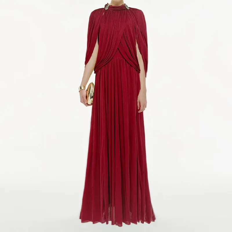 Chique Chiffon Geplooide Maxi Jurk Dames Elegant Flutter Mouw Turtleneck Patchwork Lange Jurken 2026 Nieuwe Avondfeestjurken