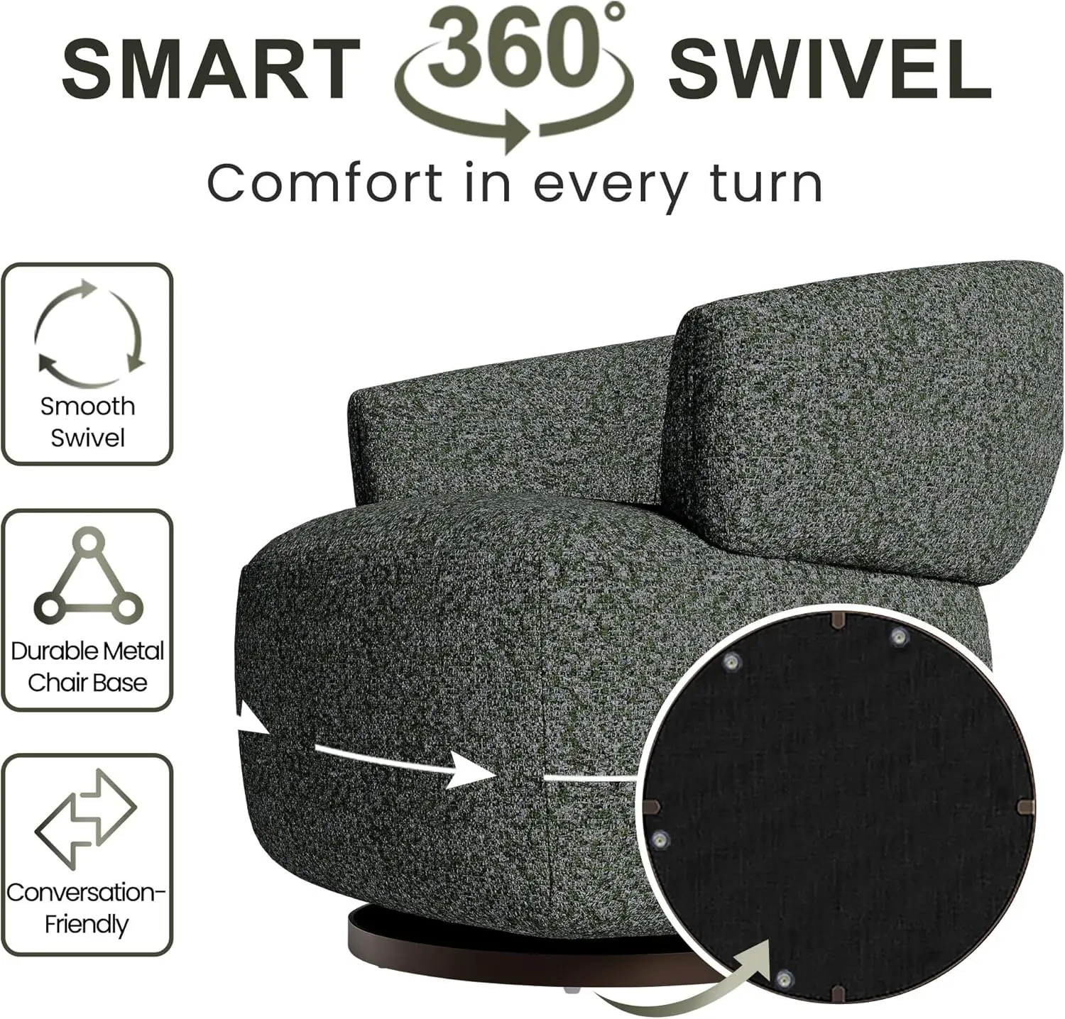 Swivel Accent Chair, Fully Assembled Round Barrel Chairs, Oversized Upholstered Armchair w/ 360-Degree Base, Modern Club Chair