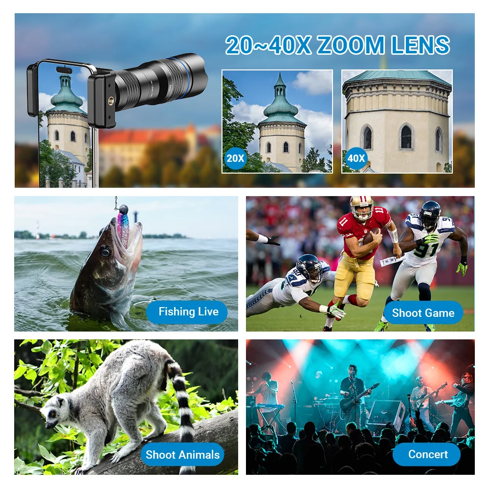 APEXEL 2020 Newest 3in1 Phone 20x-40x Zoom Telescope Lens+Mini Selfie Tripod + Remote Control Monocular Telephoto Mobile Lenses