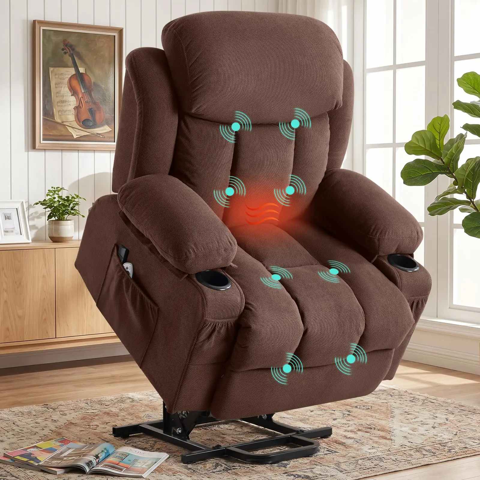 Electric Power Lift Recliner Chair Sofa with Massage and Heat for Elderly,Lift Chair with Cup Holder & Side Pockets for