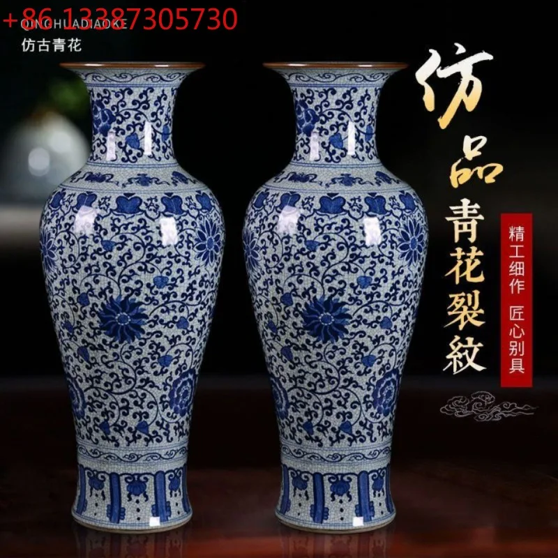 

Антикварная керамика, ручная роспись, сине-белая большая ваза, витые ветки, треснутая глазурь, цветная ваза ведра