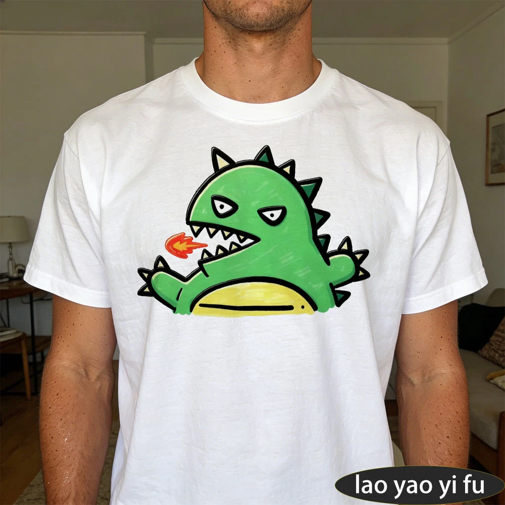 Grünes Cartoon-Dinosaurier-T-Shirt mit Feuer-Spuck-Motiv, Einfaches Linien-Design, Herren Sommer Baumwoll-T-Shirt, Niedliches Monster, Trendiges Street-Casual-Alltags-Oberteil