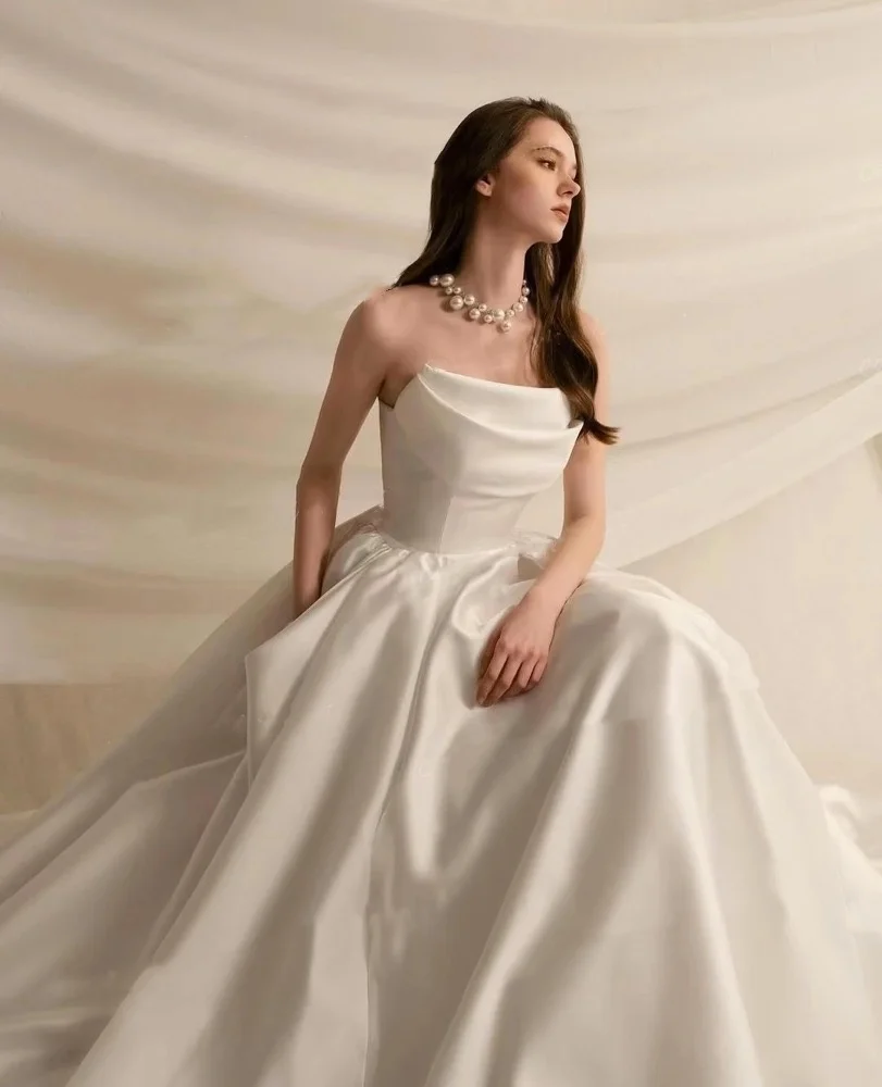 

Sexy Sleeveless Pleat Bridal Gowns Luxury Boat Neck Satin 2025Wedding Dresses For Woman A Line Princess Vestido De Novia Custom